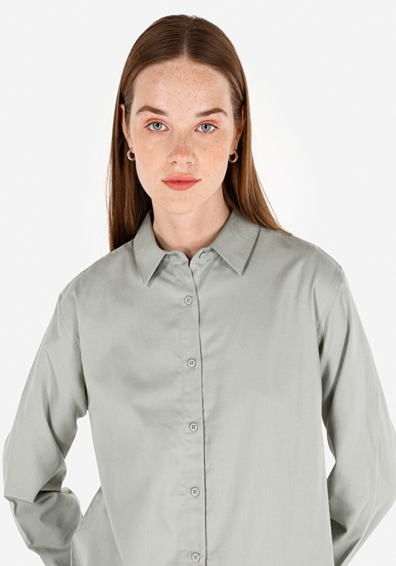 Regular Fit Shirt Neck Cepsiz Düz Kadın Yeşil Uzun Kol Gömlek