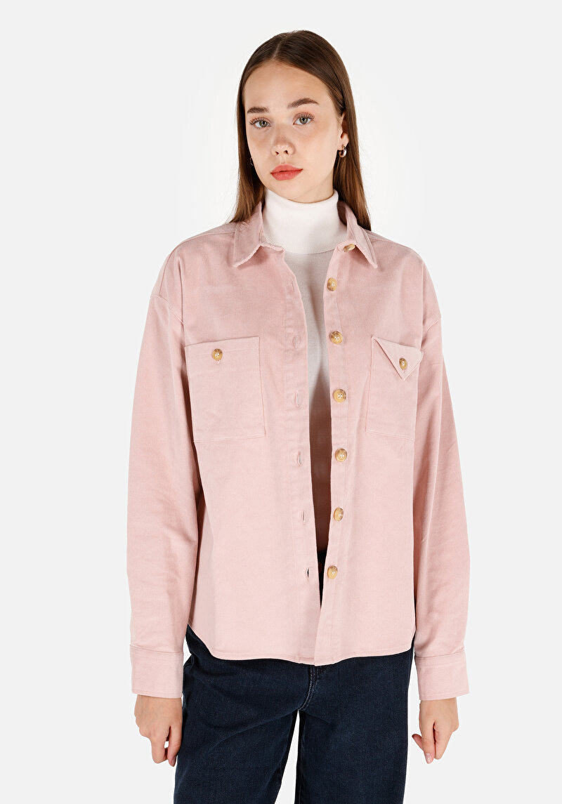 Regular Fit Shirt Neck Kadın Pembe Uzun Kol Gömlek