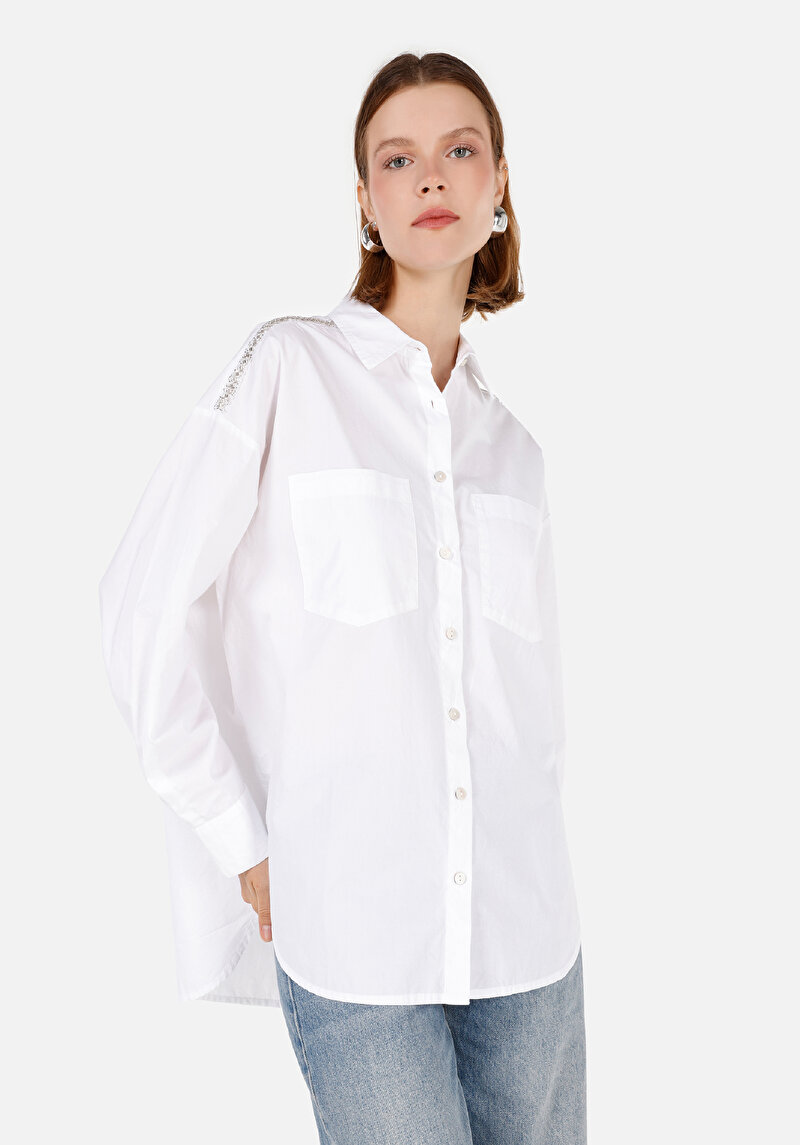 Relax Fit Pamuklu Shirt Neck Kadın Beyaz Uzun Kol Gömlek