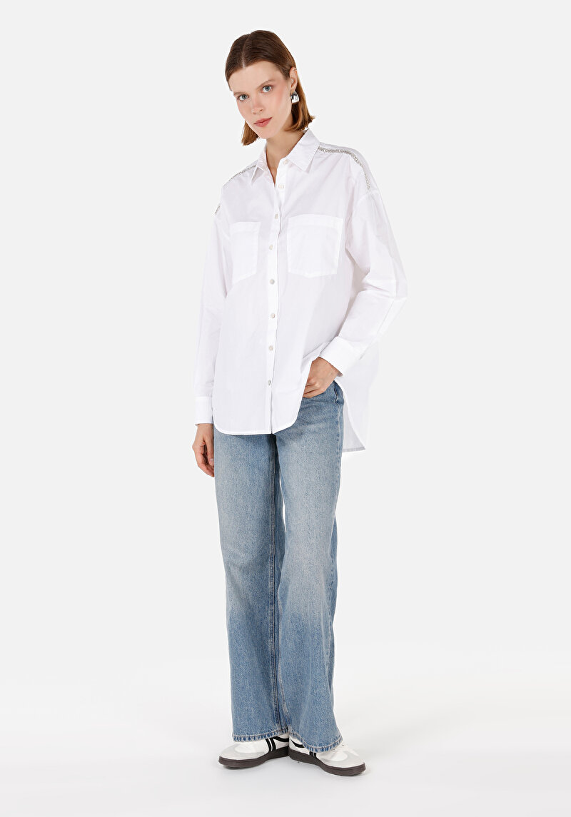 Relax Fit Pamuklu Shirt Neck Kadın Beyaz Uzun Kol Gömlek