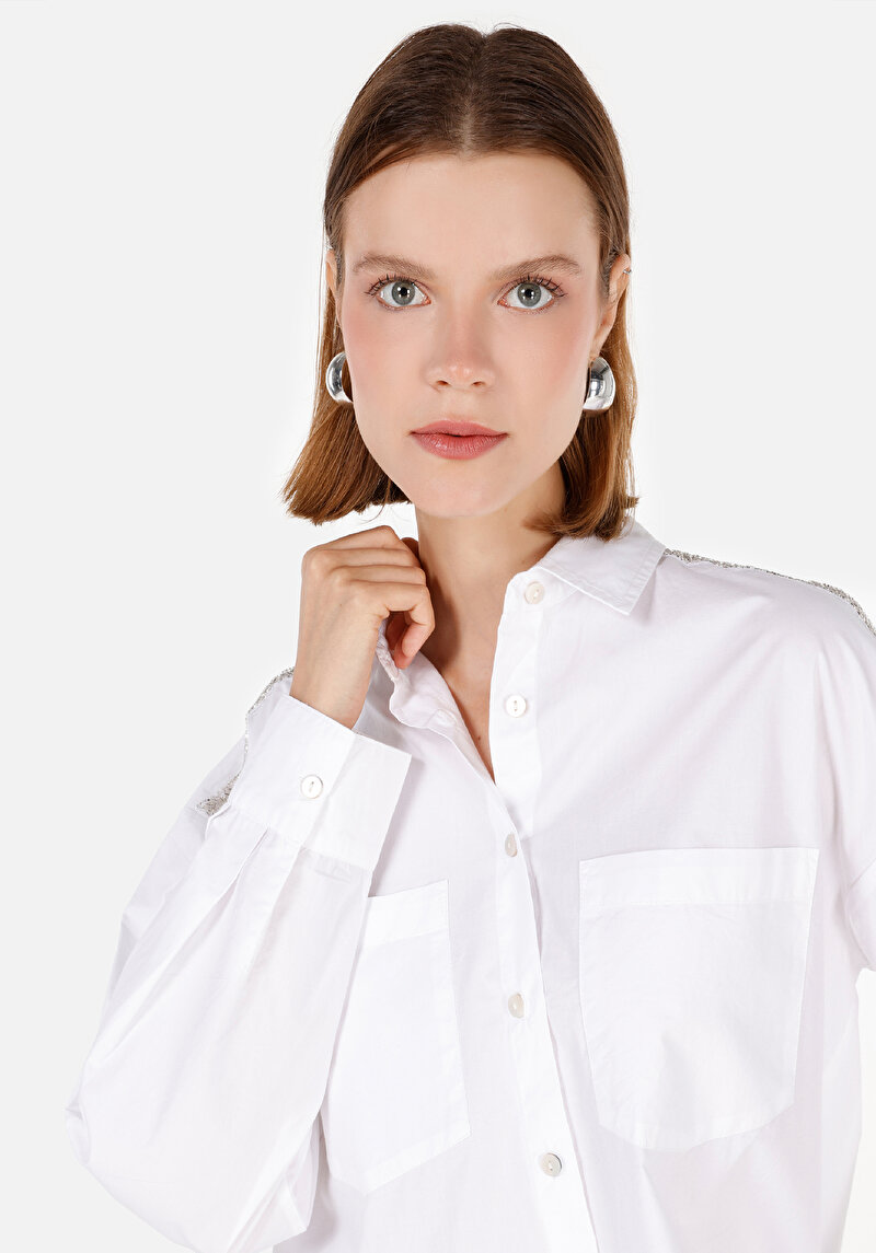 Relax Fit Pamuklu Shirt Neck Kadın Beyaz Uzun Kol Gömlek