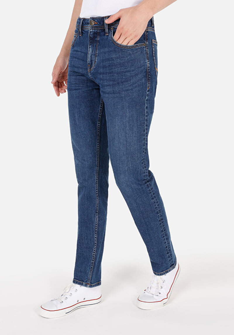 Regular Fit Orta Bel Daralan Paça Erkek Dark İndigo Fermuarlı Denim Jean Pantolon
