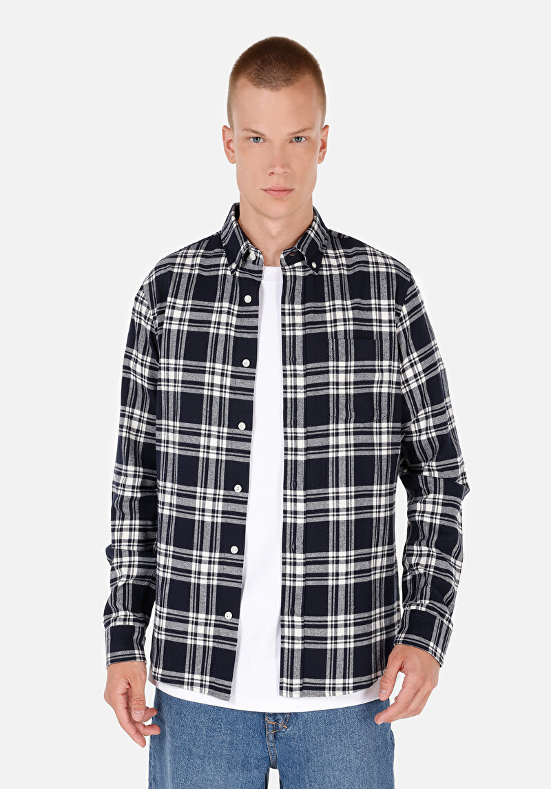 Slim Fit Düğmeli Yaka Ekoseli Erkek Lacivert Uzun Kol Gömlek