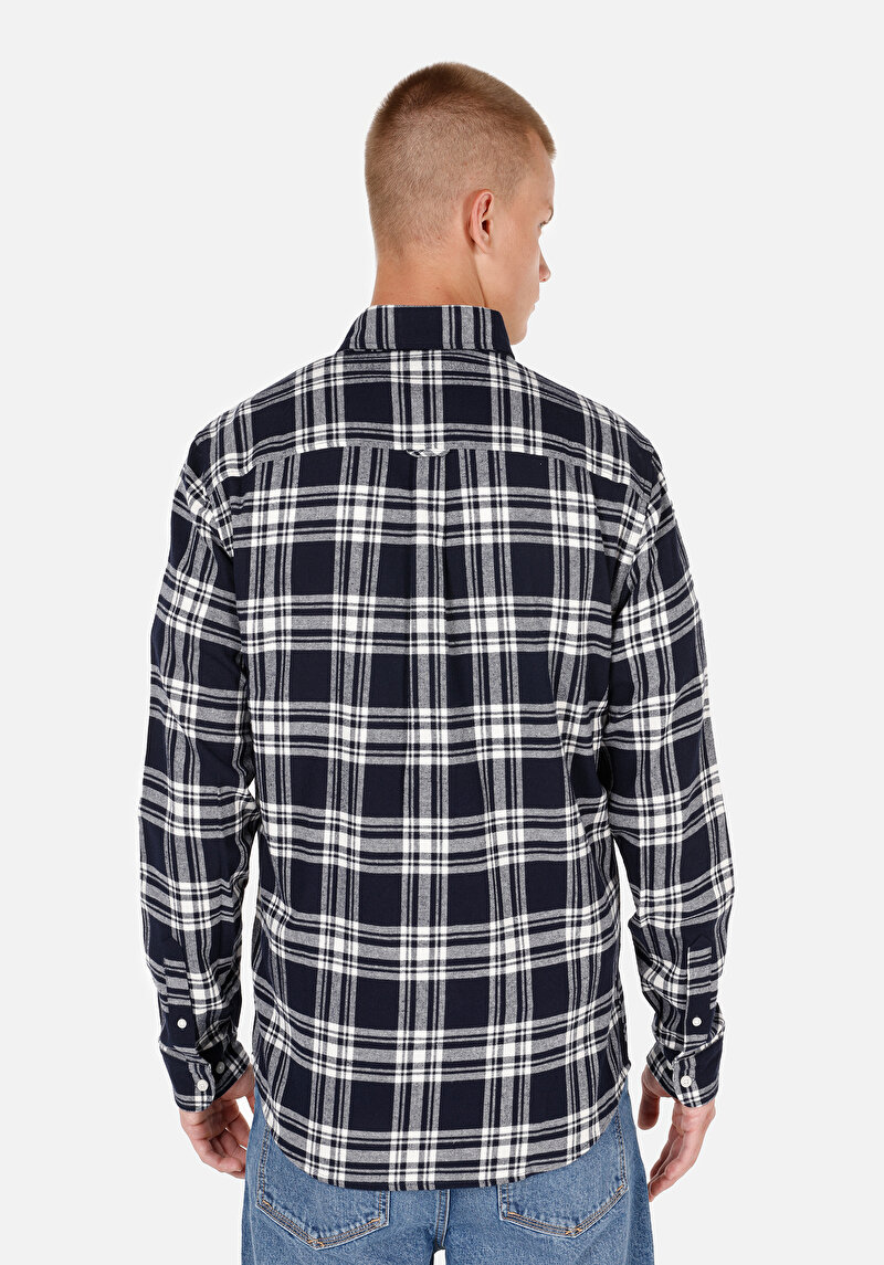 Slim Fit Düğmeli Yaka Ekoseli Erkek Lacivert Uzun Kol Gömlek