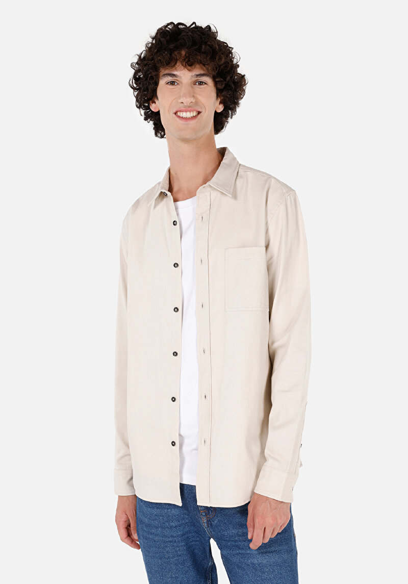 Slim Fit Klasik Yaka Düz Erkek Ekru Uzun Kol Gömlek