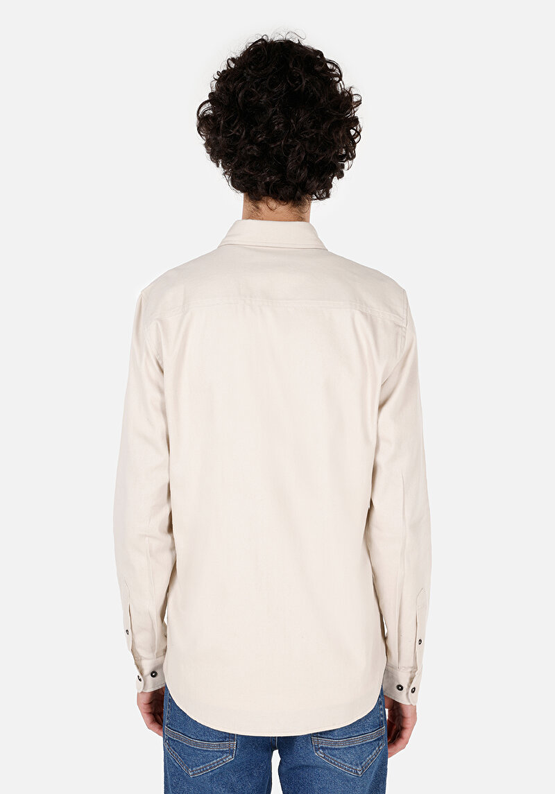 Slim Fit Klasik Yaka Düz Erkek Ekru Uzun Kol Gömlek