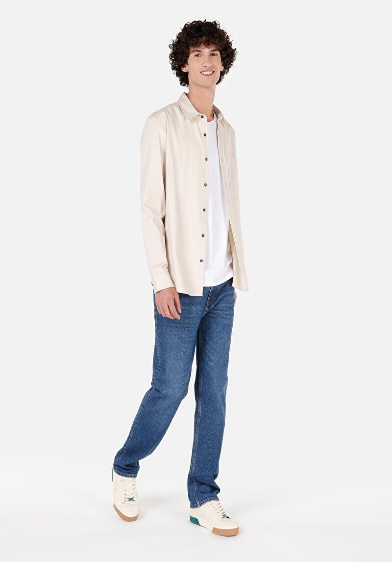 Slim Fit Klasik Yaka Düz Erkek Ekru Uzun Kol Gömlek