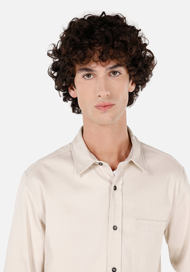 Slim Fit Klasik Yaka Düz Erkek Ekru Uzun Kol Gömlek