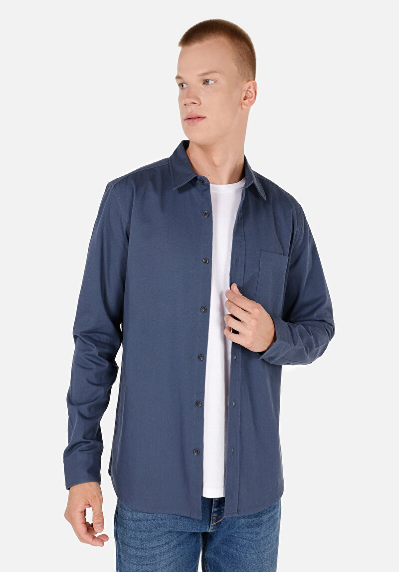 Slim Fit Klasik Yaka Düz Erkek Mavi Uzun Kol Gömlek