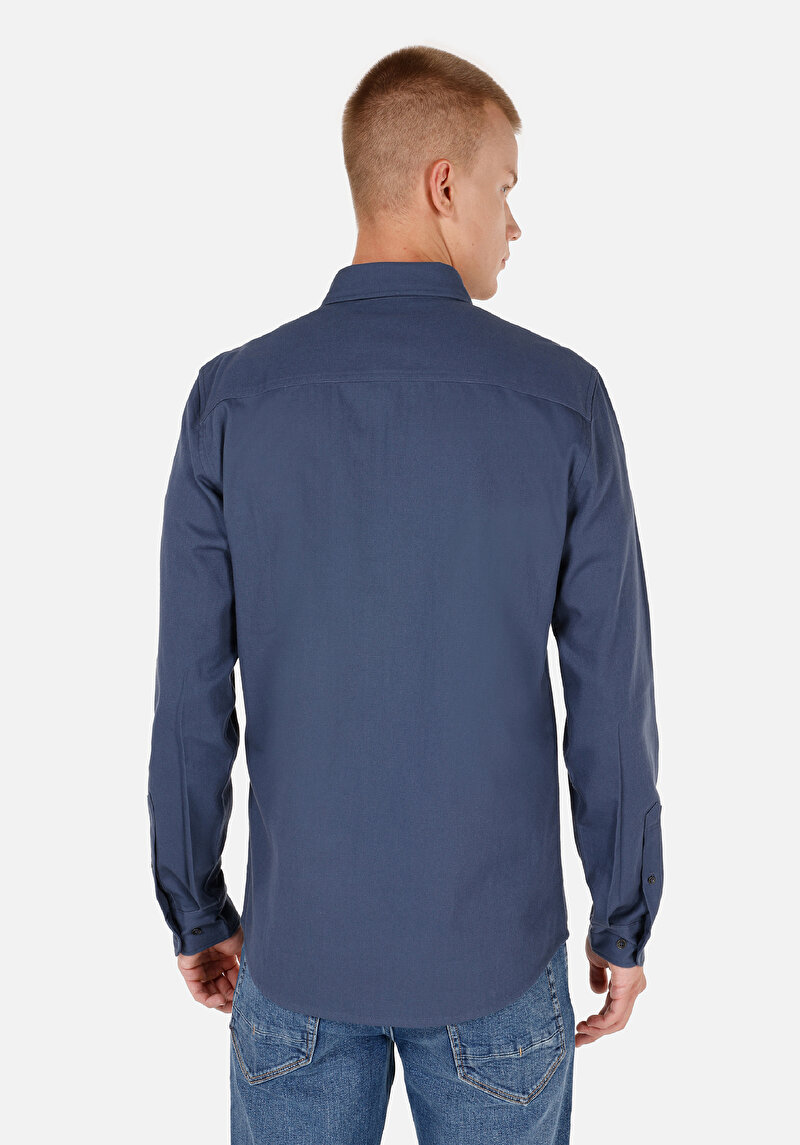 Slim Fit Klasik Yaka Düz Erkek Mavi Uzun Kol Gömlek