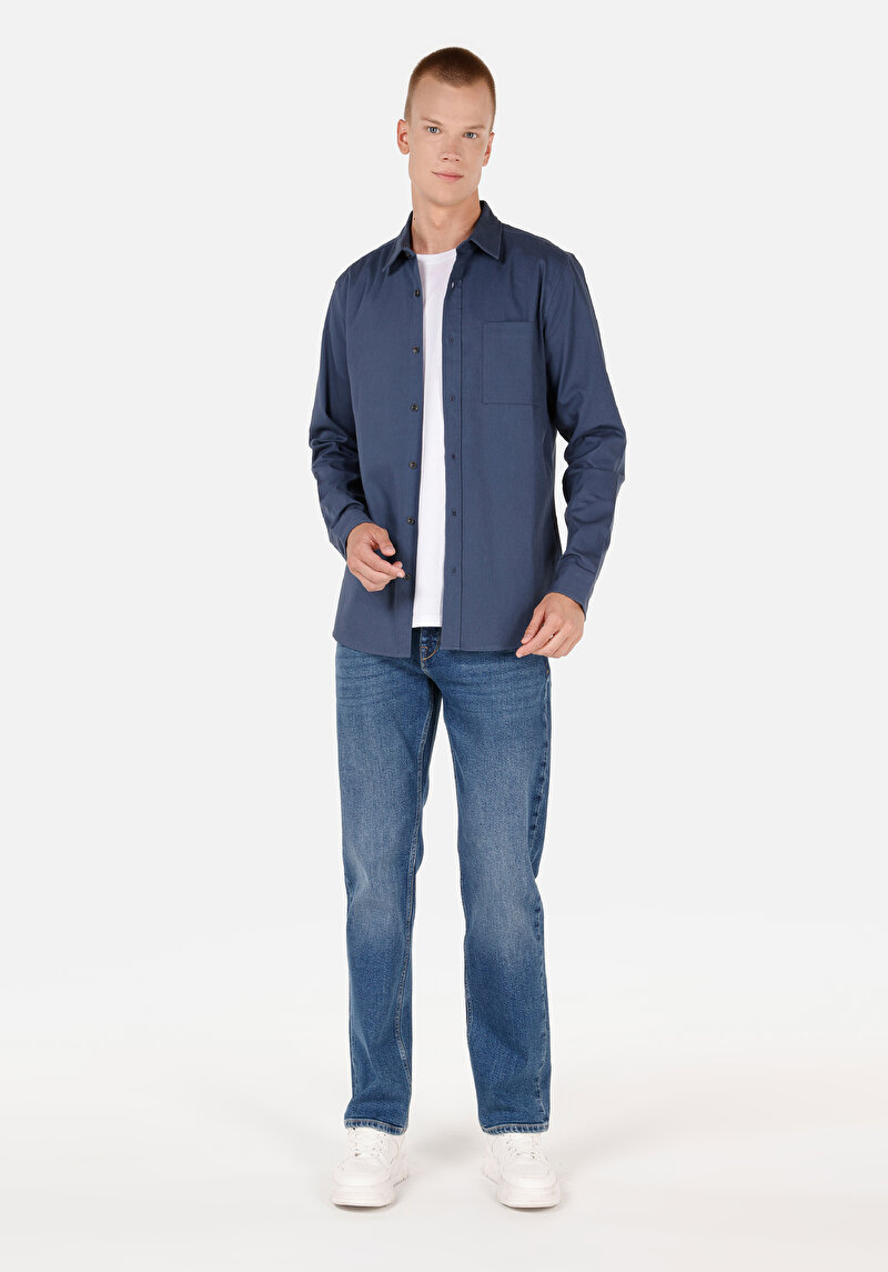 Slim Fit Klasik Yaka Düz Erkek Mavi Uzun Kol Gömlek
