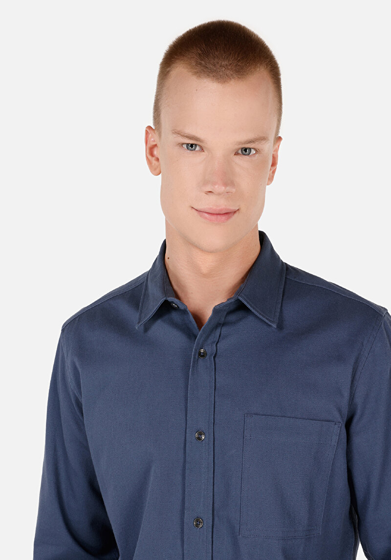 Slim Fit Klasik Yaka Düz Erkek Mavi Uzun Kol Gömlek