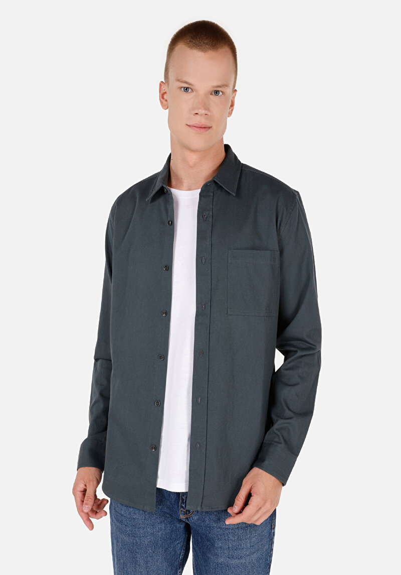 Slim Fit Klasik Yaka Düz Erkek Yeşil Uzun Kol Gömlek