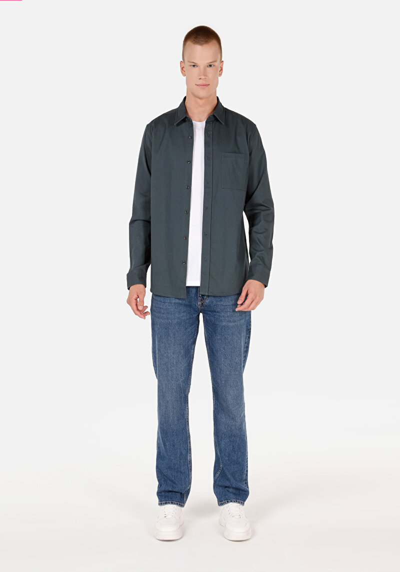 Slim Fit Klasik Yaka Düz Erkek Yeşil Uzun Kol Gömlek