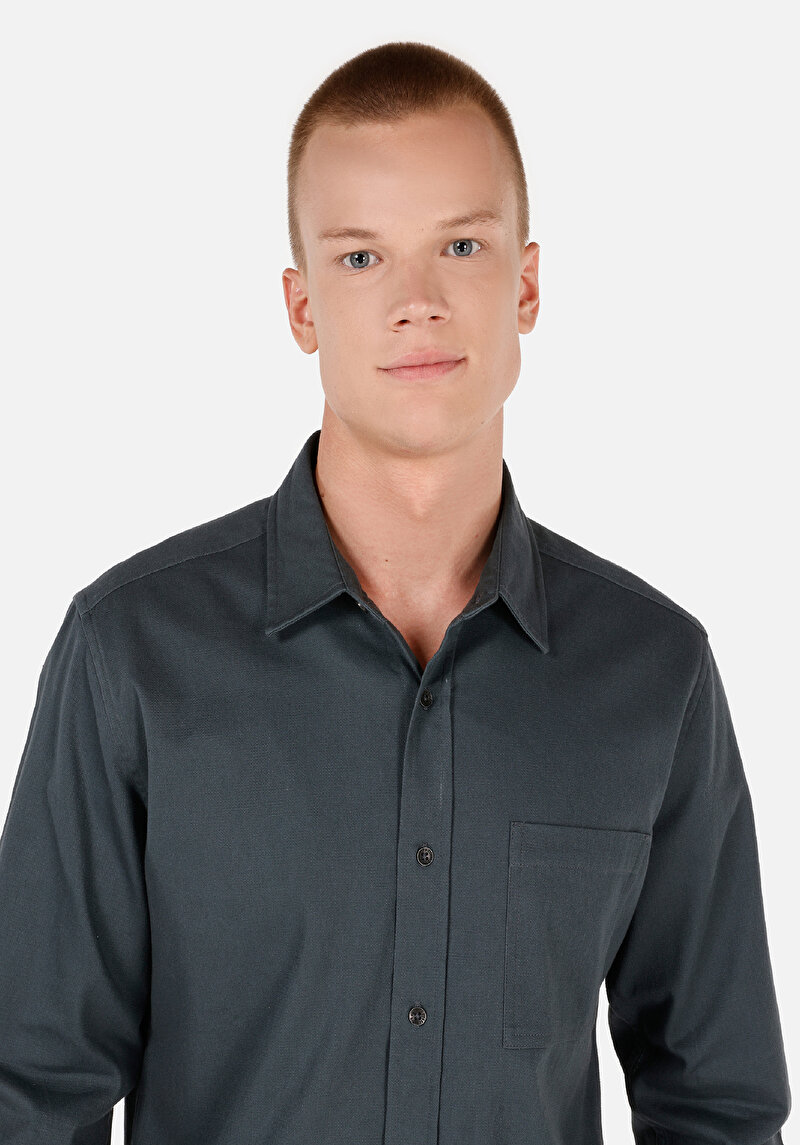 Slim Fit Klasik Yaka Düz Erkek Yeşil Uzun Kol Gömlek