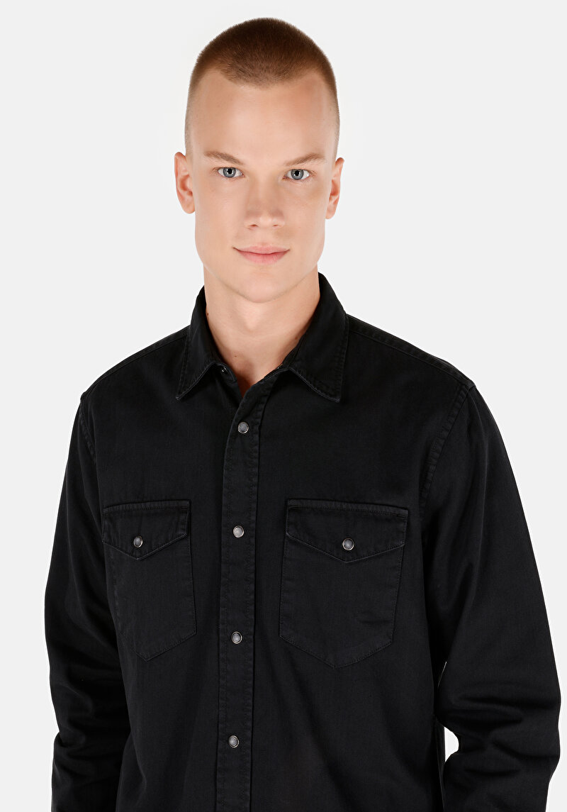 Regular Fit Klasik Yaka Düz Erkek Siyah Uzun Kol Gömlek