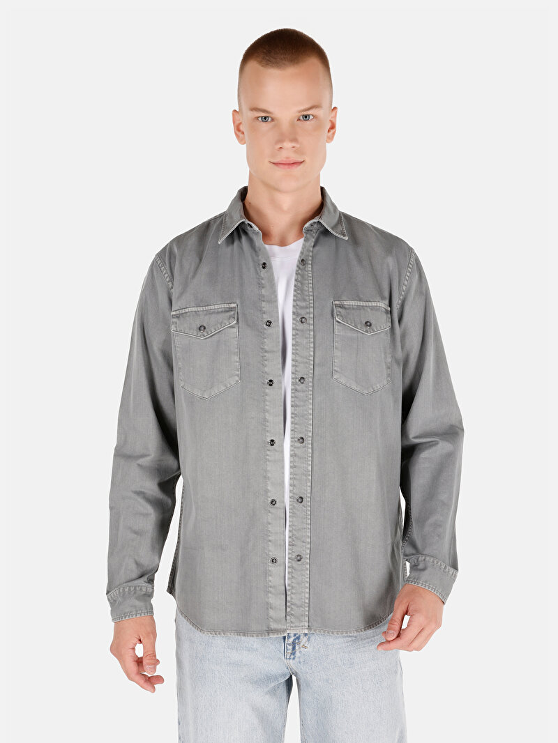 Regular Fit Klasik Yaka Düz Erkek Gri Uzun Kol Gömlek