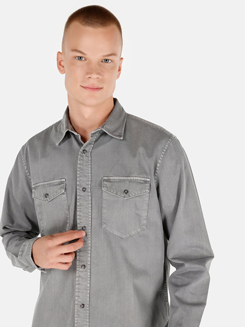 Regular Fit Klasik Yaka Düz Erkek Gri Uzun Kol Gömlek
