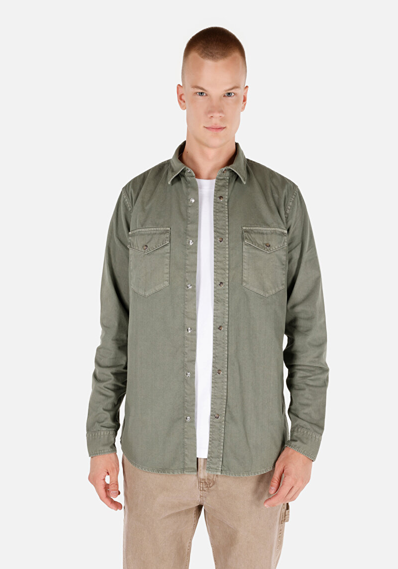 Regular Fit Klasik Yaka Düz Erkek Yeşil Uzun Kol Gömlek