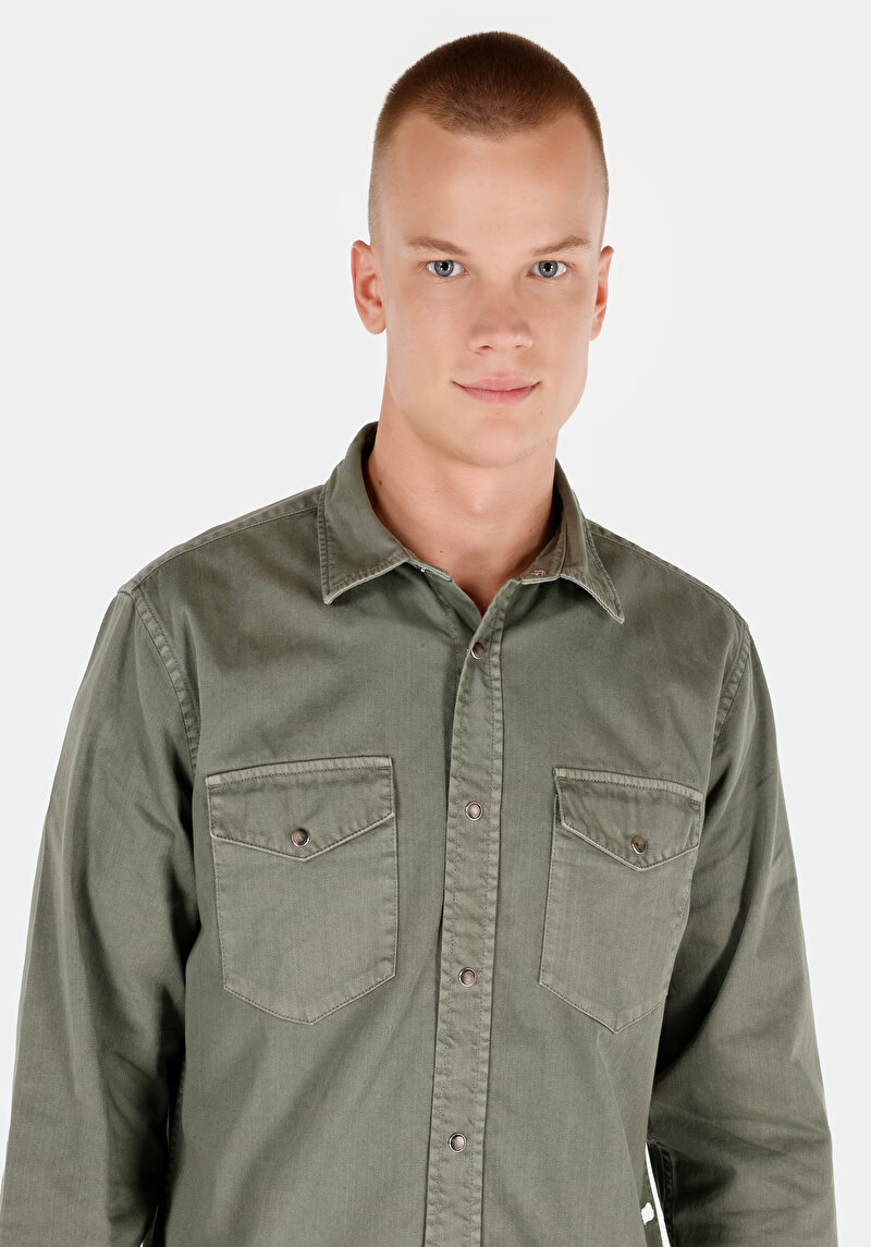 Regular Fit Klasik Yaka Düz Erkek Yeşil Uzun Kol Gömlek
