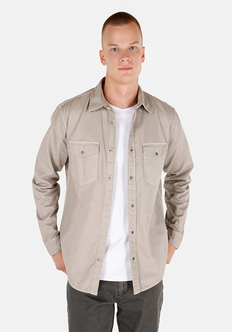 Regular Fit Klasik Yaka Düz Erkek Taş Uzun Kol Gömlek