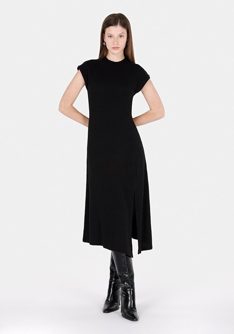 Regular Fit Düz Kadın Siyah Kısa Kol Elbise