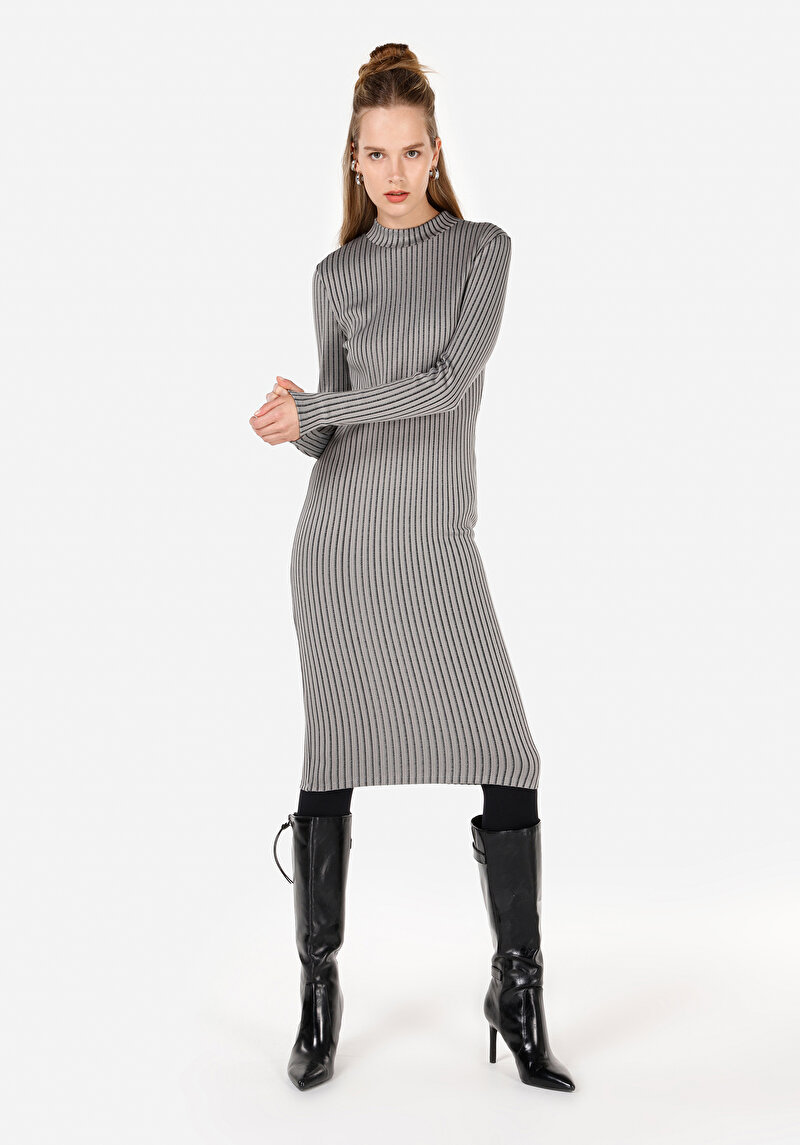 Slim Fit Kadın Gri Uzun Kol Elbise