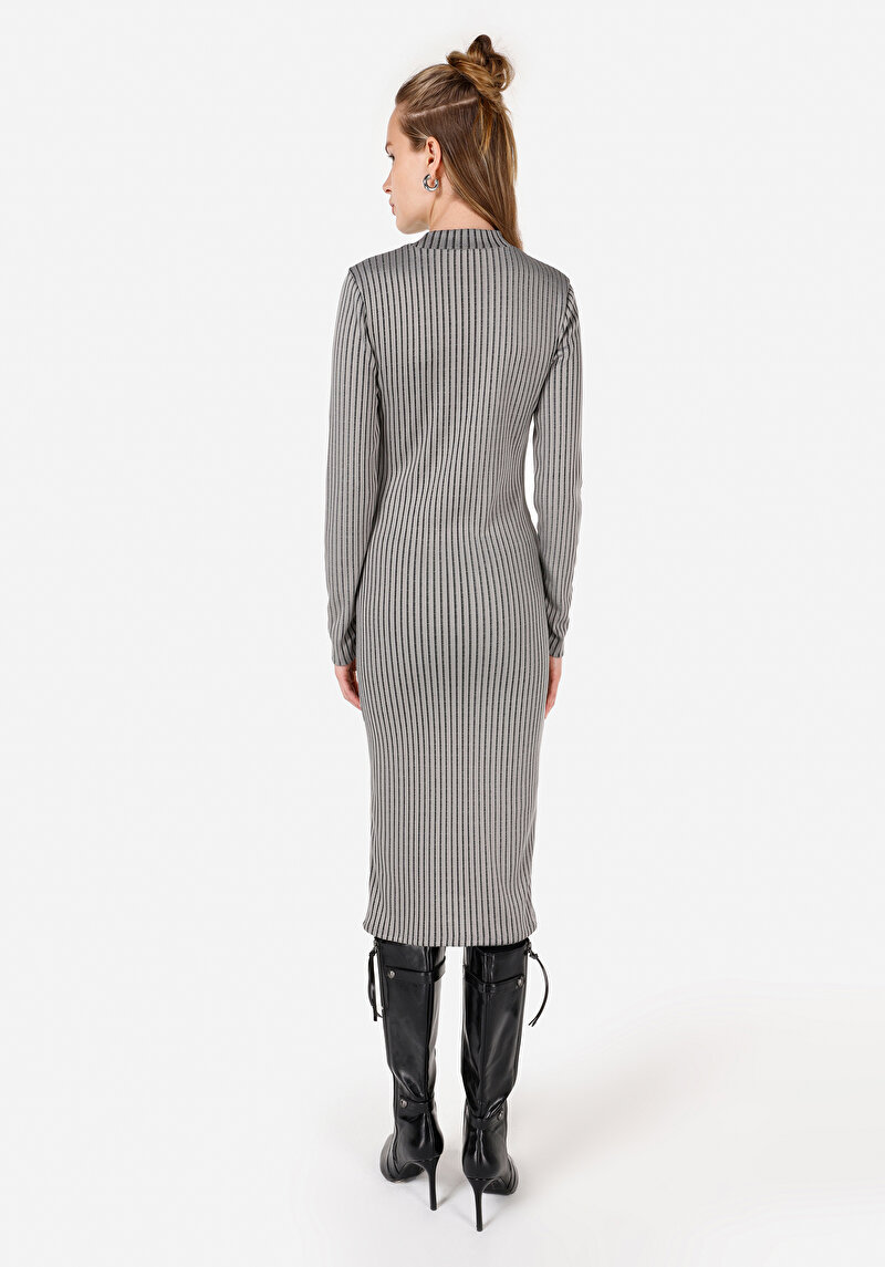 Slim Fit Kadın Gri Uzun Kol Elbise