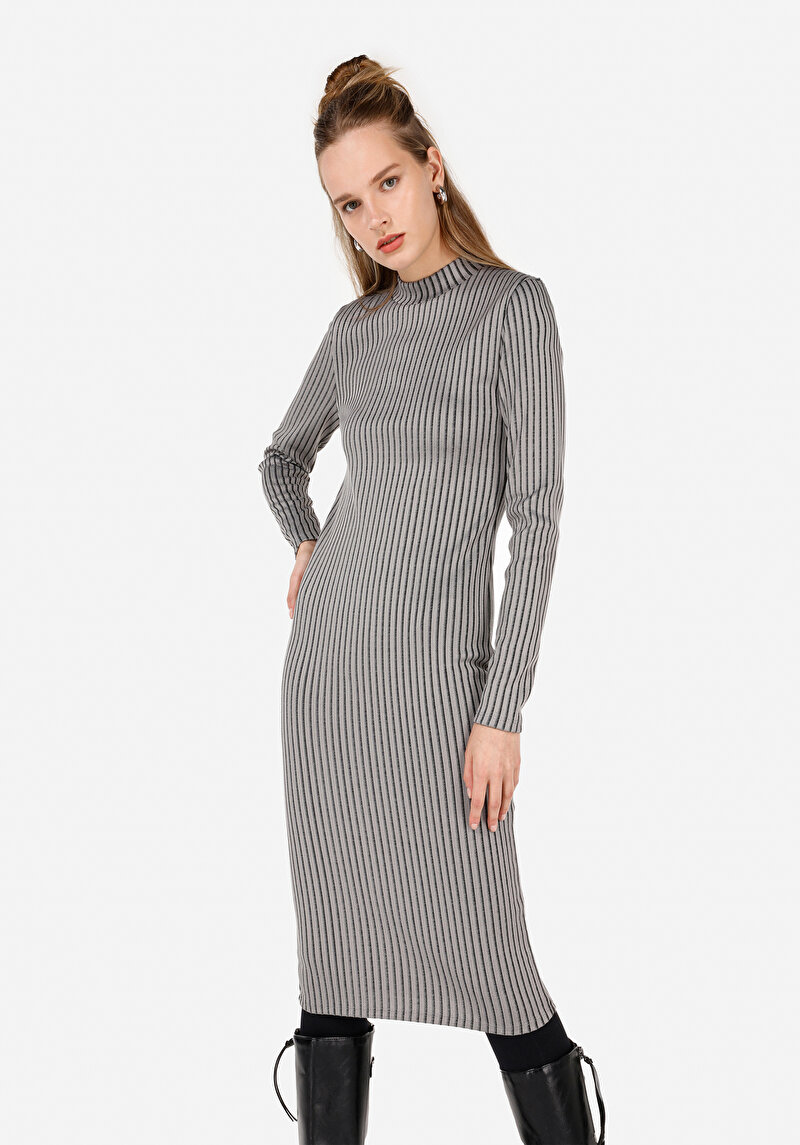 Slim Fit Kadın Gri Uzun Kol Elbise