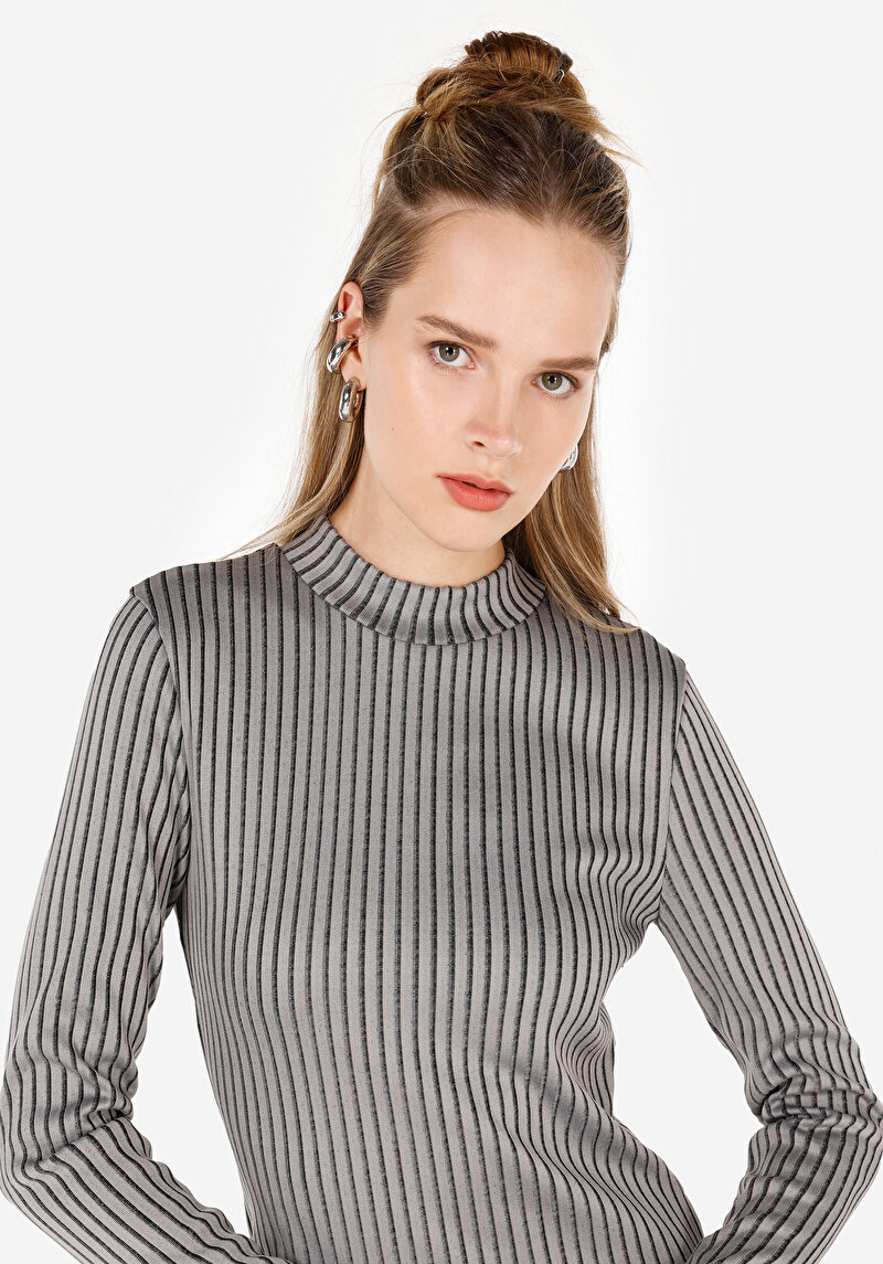 Slim Fit Kadın Gri Uzun Kol Elbise