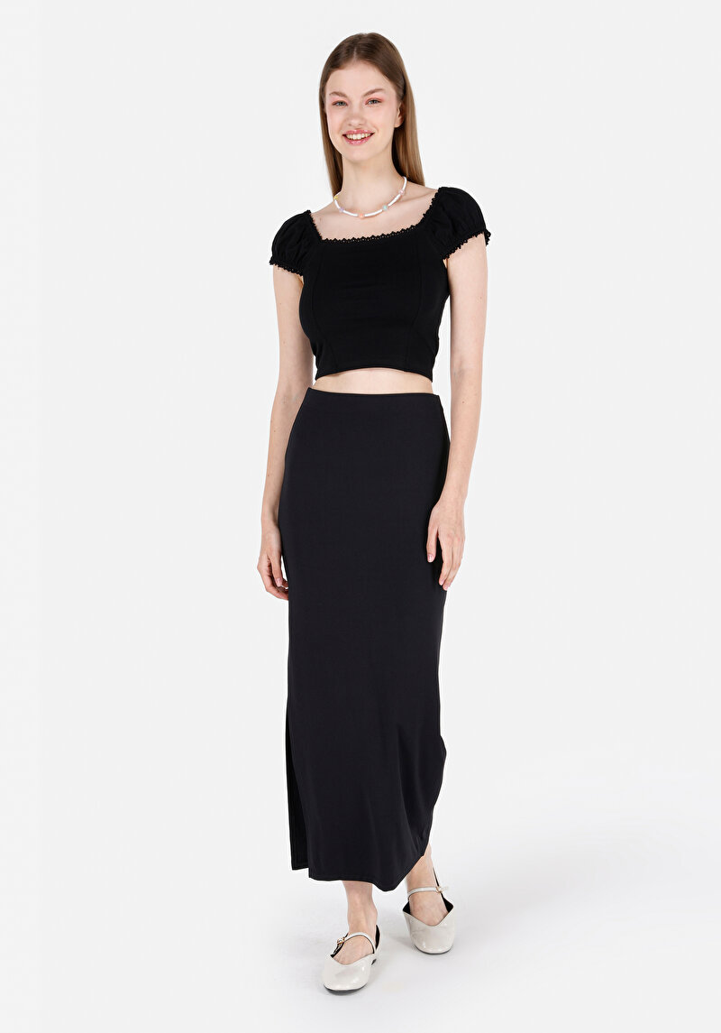 Slim Fit Düz Kadın Siyah Etek