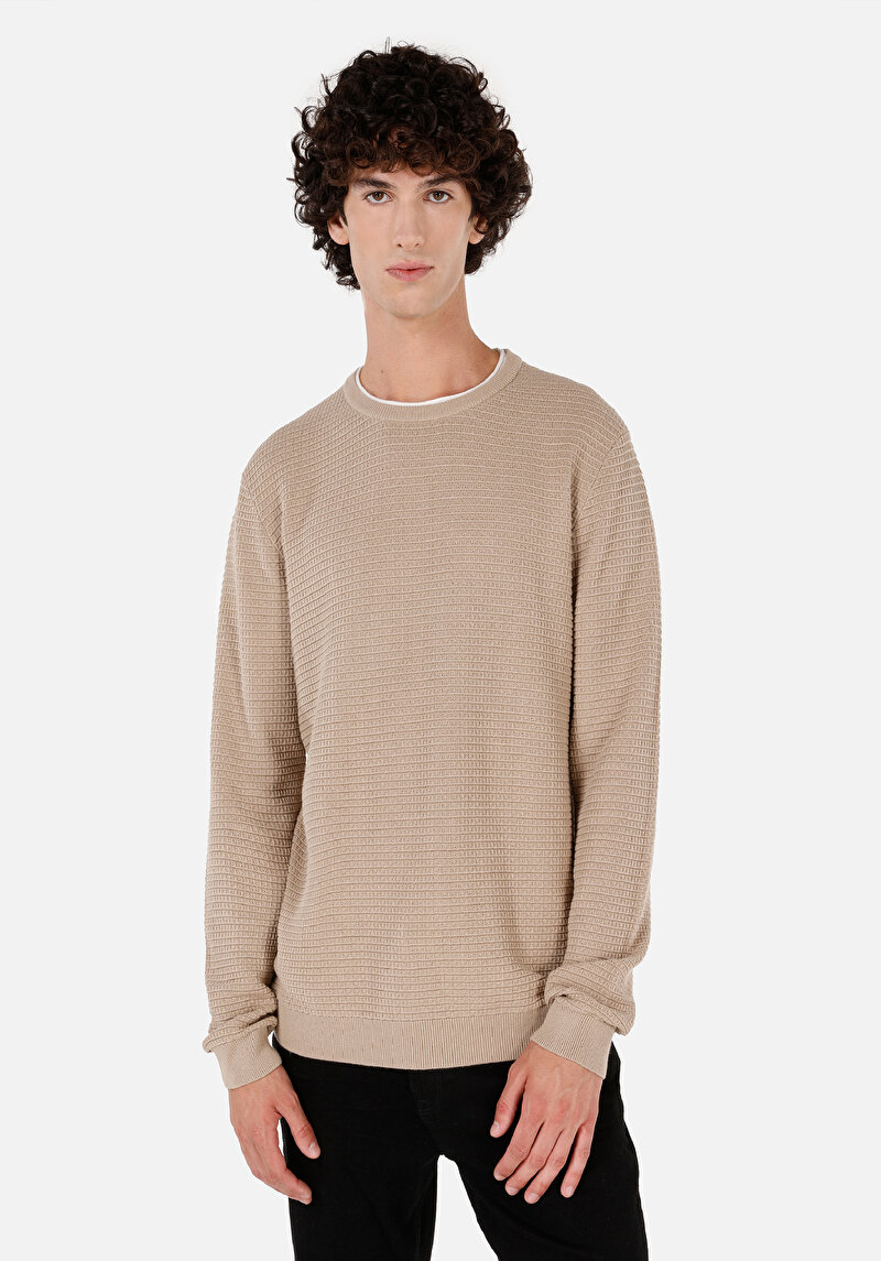 Regular Fit Pamuklu Yuvarlak Yaka Jakarlı Erkek Bej Kazak