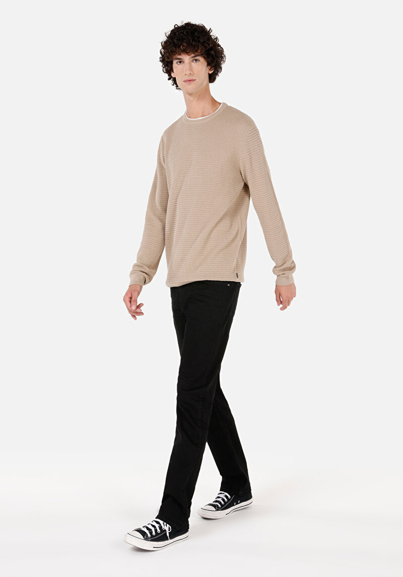 Regular Fit Pamuklu Yuvarlak Yaka Jakarlı Erkek Bej Kazak