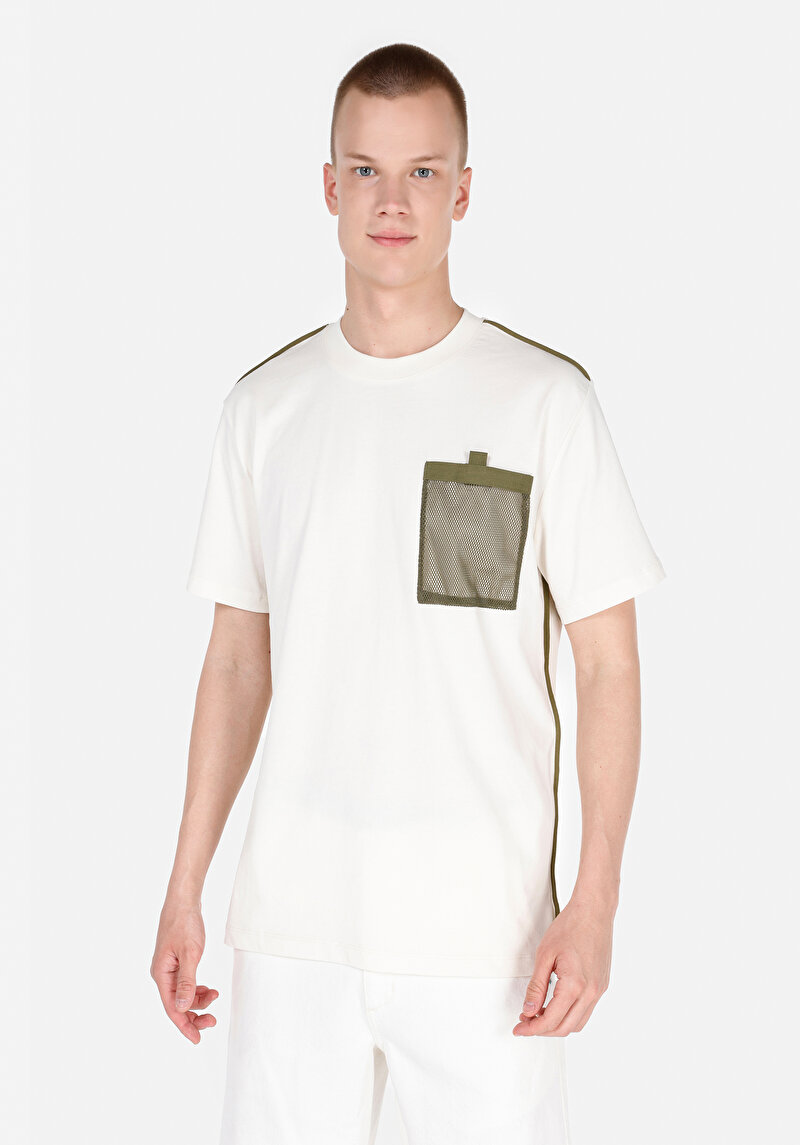 Comfort Fit Yuvarlak Yaka Düz Erkek Ekru Kısa Kol Tişört