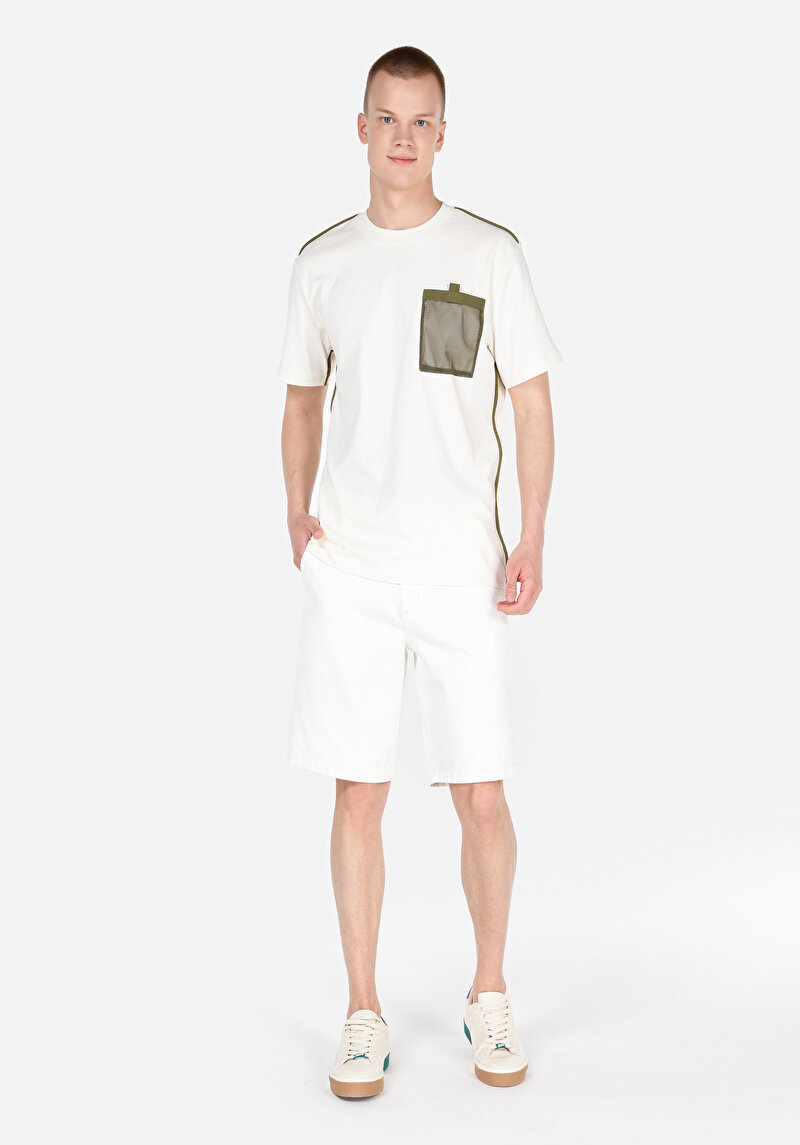 Comfort Fit Yuvarlak Yaka Düz Erkek Ekru Kısa Kol Tişört