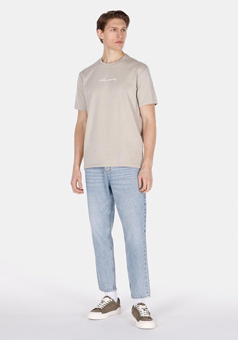 Comfort Fit Yuvarlak Yaka Düz Erkek Bej Cepsiz Kısa Kol Tişört