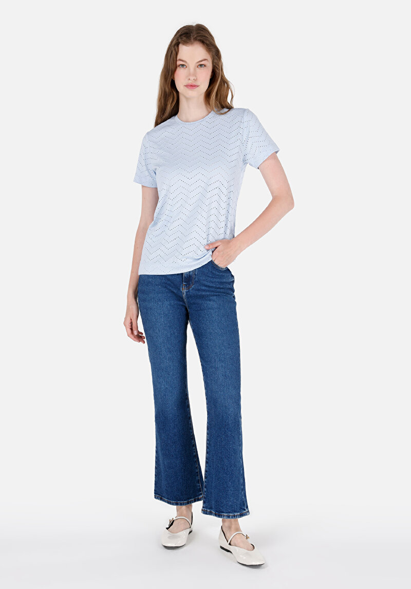 Regular Fit Yuvarlak Yaka Kadın Mavi Kısa Kol Tişört