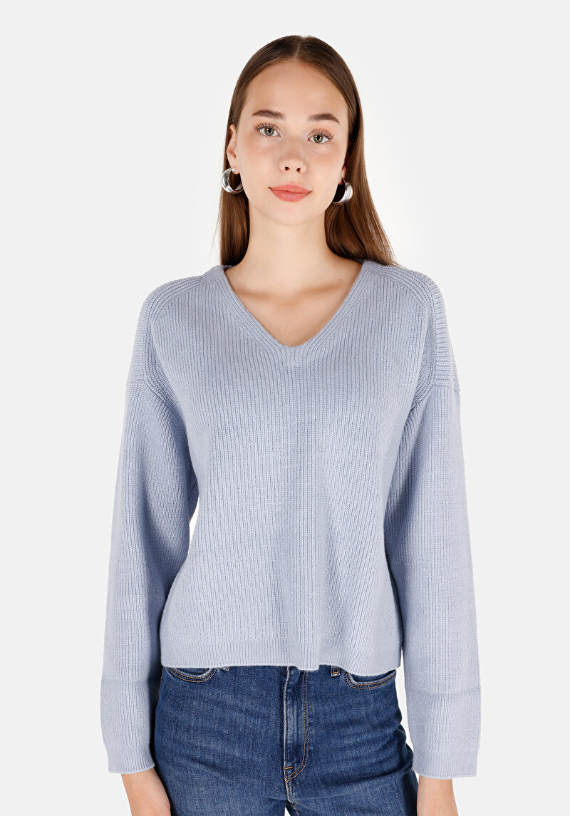 Regular Fit V Yaka Düz Kadın Mavi Triko Kazak