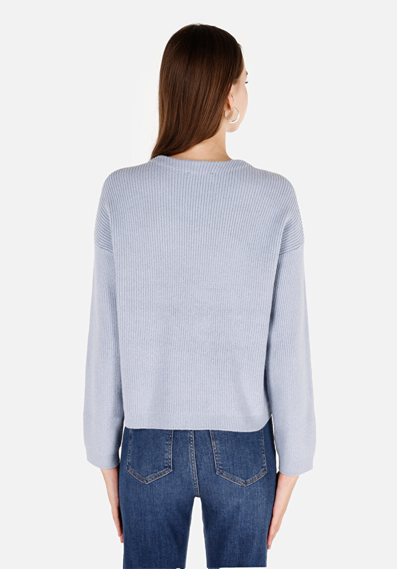 Regular Fit V Yaka Düz Kadın Mavi Triko Kazak