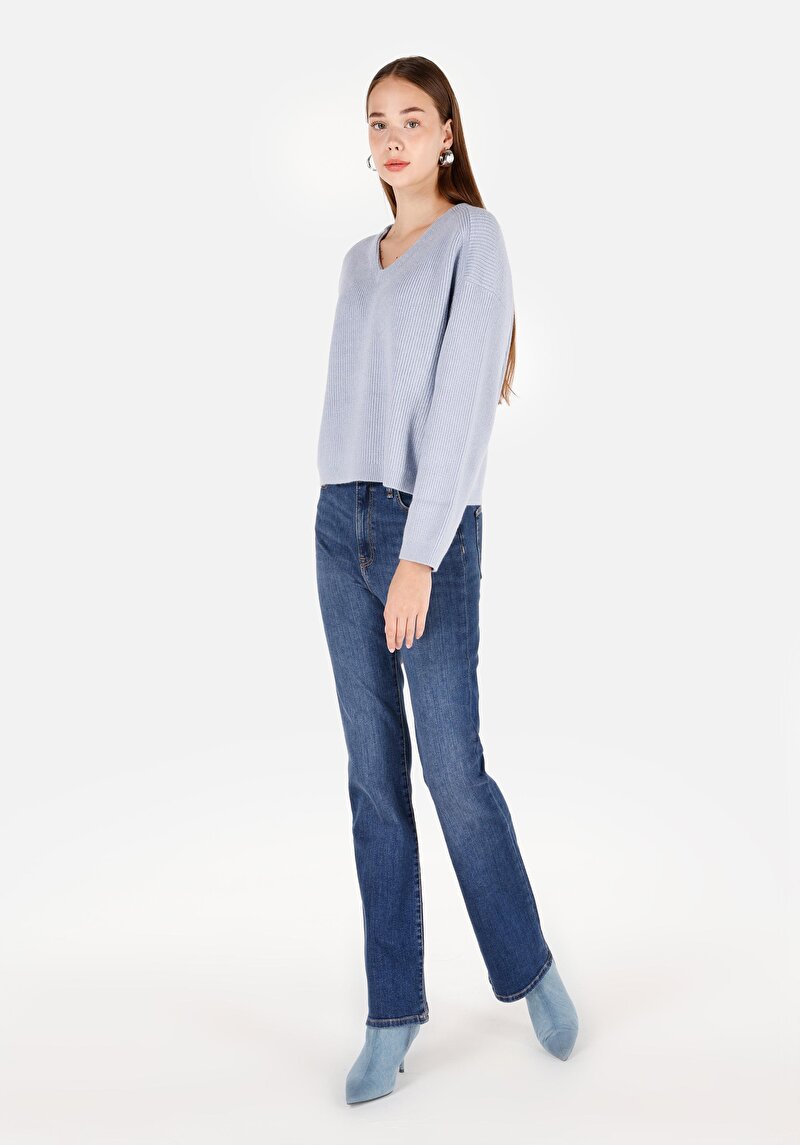 Regular Fit V Yaka Düz Kadın Mavi Triko Kazak