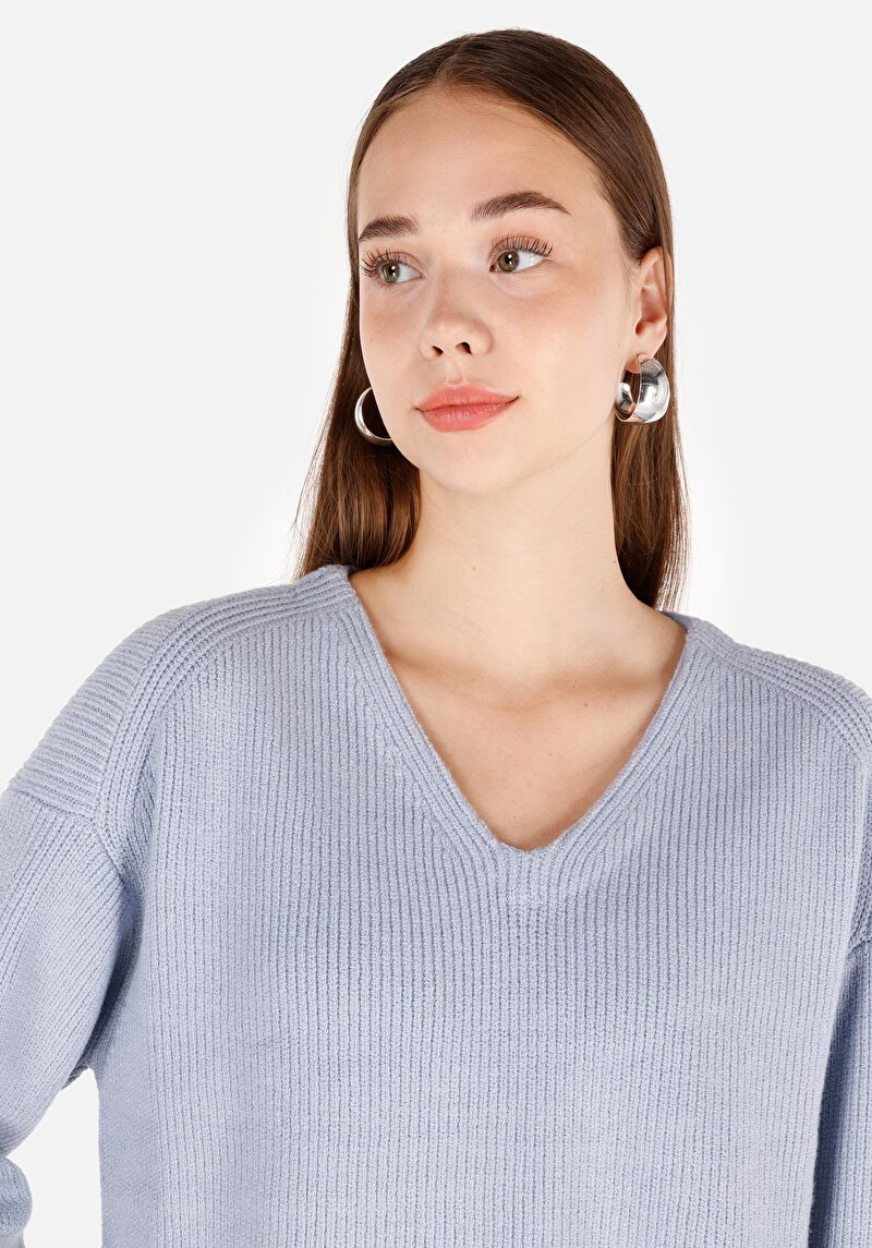 Regular Fit V Yaka Düz Kadın Mavi Triko Kazak