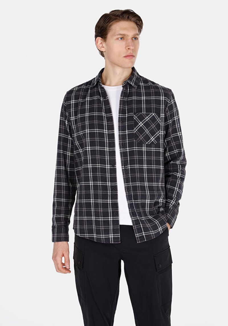 Regular Fit Shirt Neck Kareli Erkek Siyah Uzun Kol Gömlek