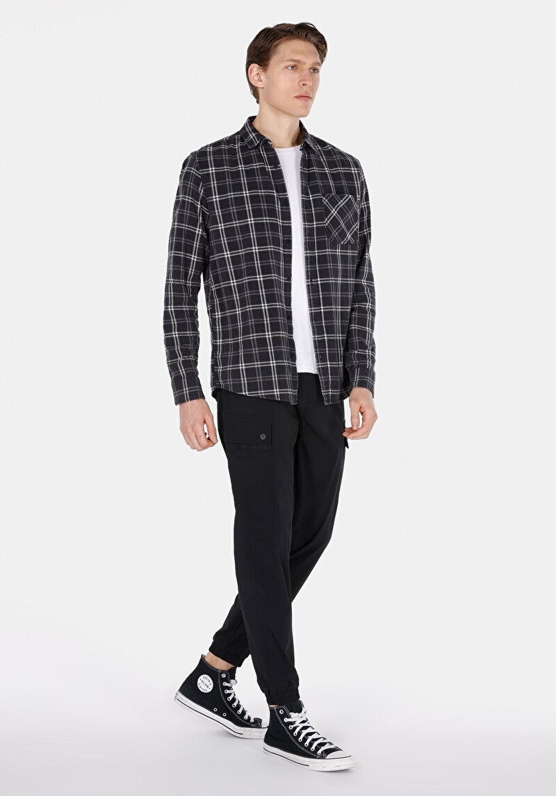 Regular Fit Shirt Neck Kareli Erkek Siyah Uzun Kol Gömlek