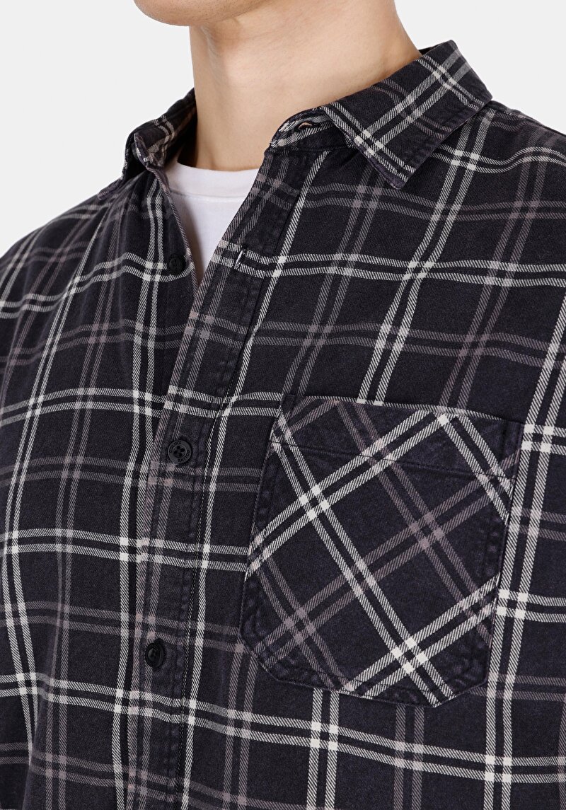 Regular Fit Shirt Neck Kareli Erkek Siyah Uzun Kol Gömlek