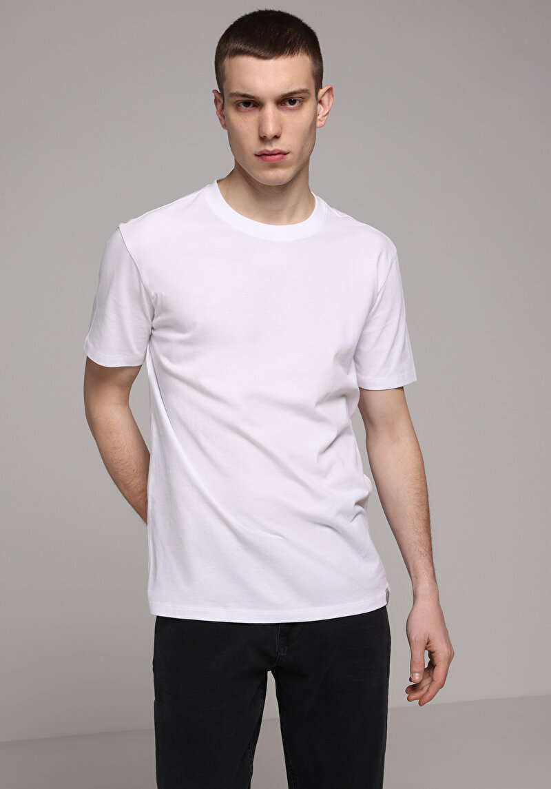 Regular Fit Yuvarlak Yaka Pamuklu Düz Erkek Beyaz Kısa Kol Tişört