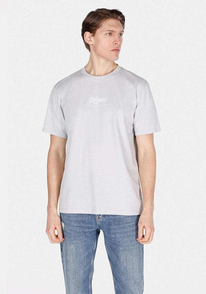 Comfort Fit Yuvarlak Yaka Düz Erkek Baskılı Gri Kısa Kol Tişört