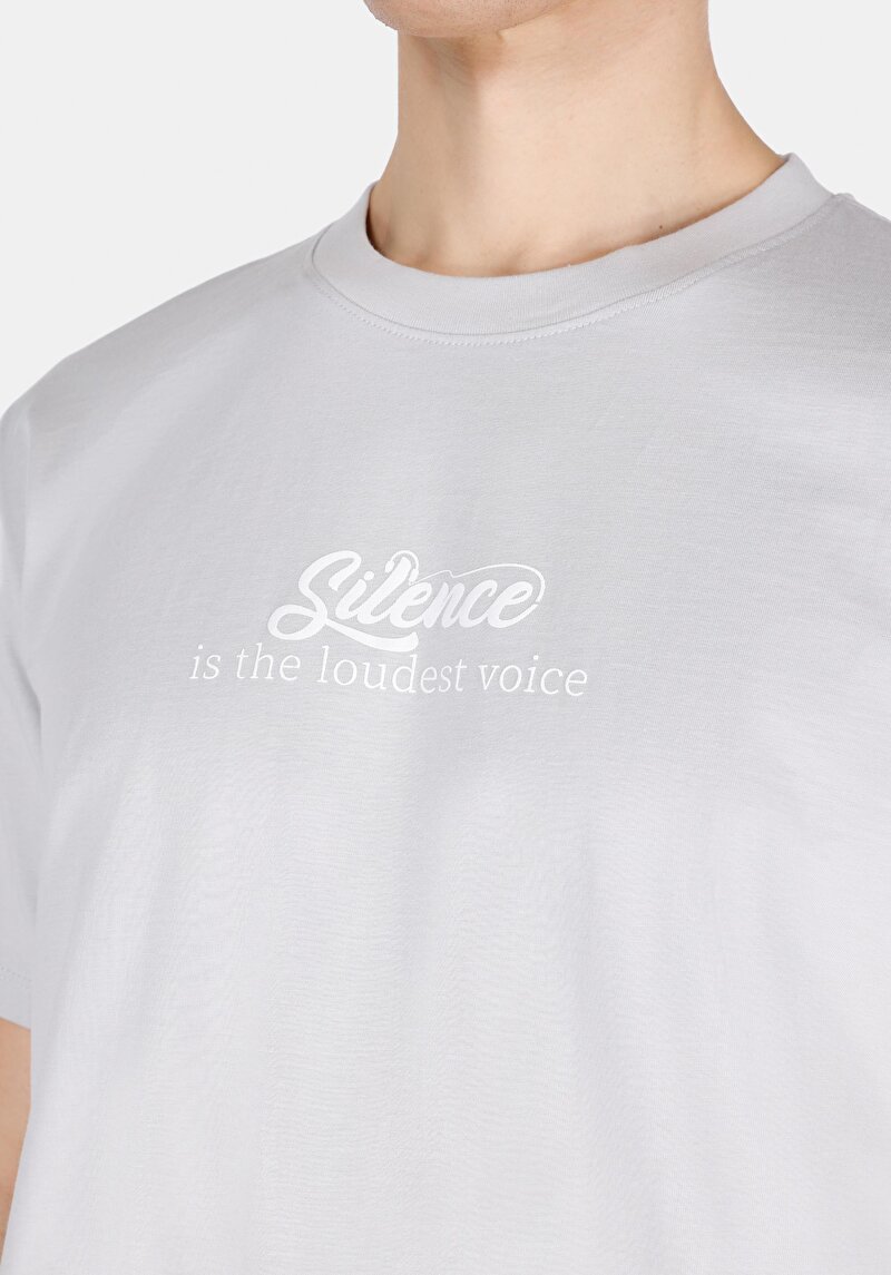 Comfort Fit Yuvarlak Yaka Düz Erkek Baskılı Gri Kısa Kol Tişört