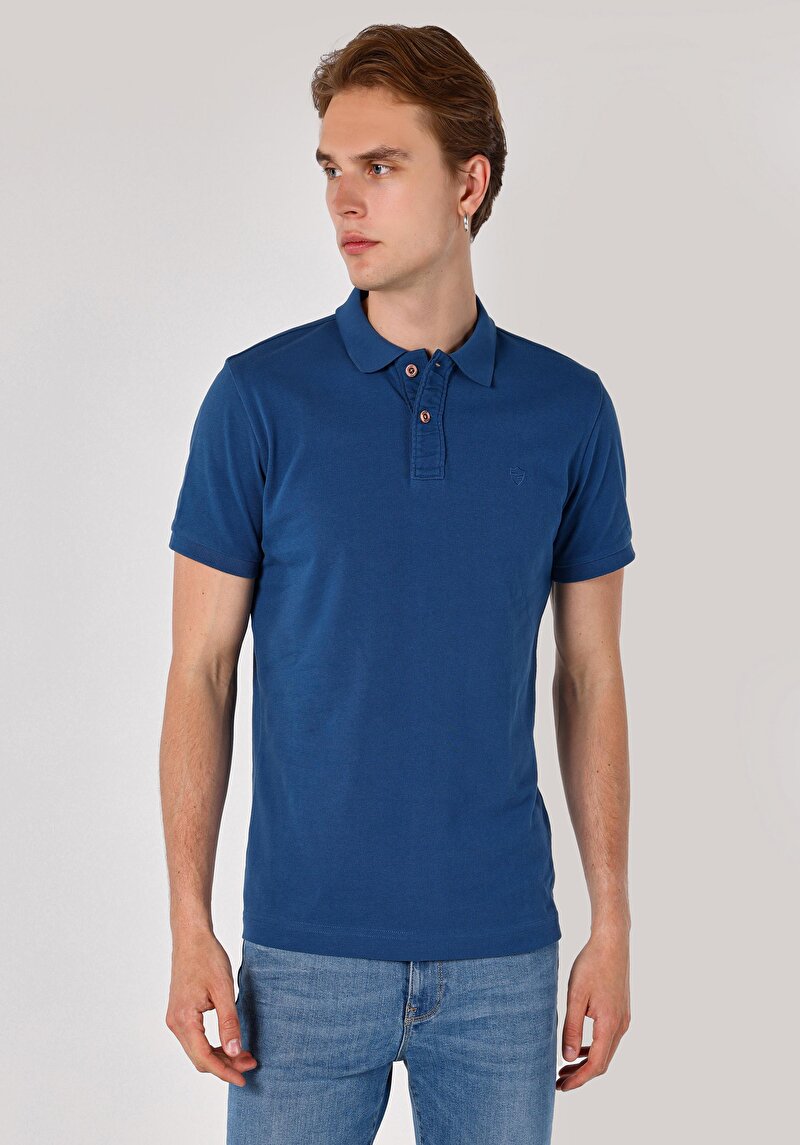 Slim Fit Polo Yaka Düz Erkek Mavi Kısa Kol Tişört