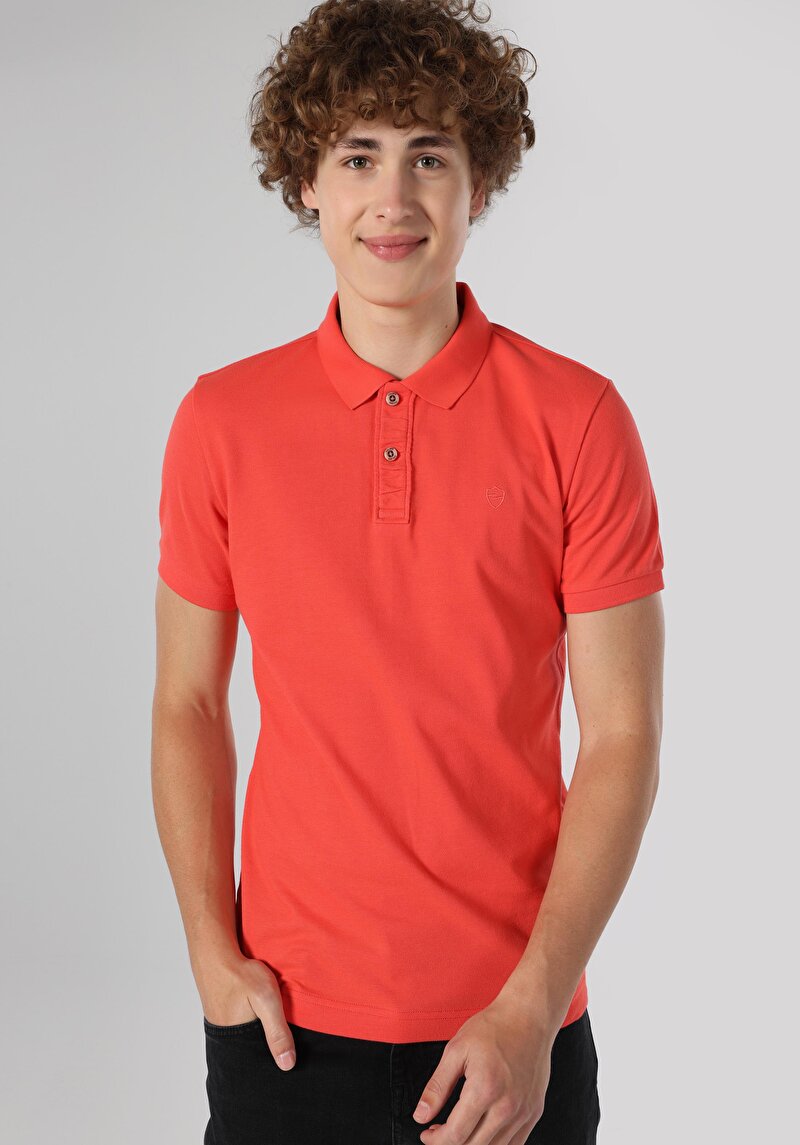 Slim Fit Polo Yaka Düz Erkek Pembe Kısa Kol Tişört