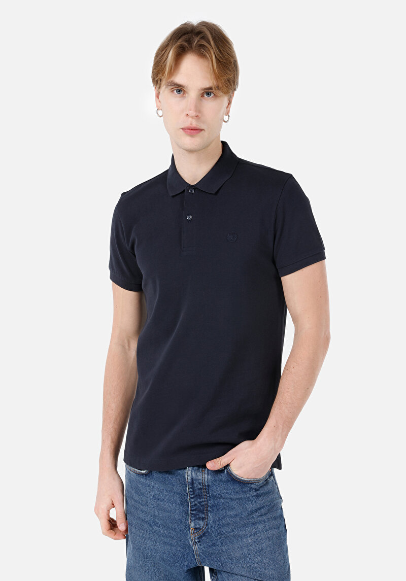 Classic Fit Polo Yaka Düz Erkek Lacivert Kısa Kol Tişört